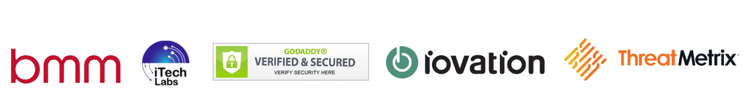 BE9AU certificate and security partners: BMM Testlabs, iTech Labs, GoDaddy Verified & Secured, iovation, and ThreatMetrix
